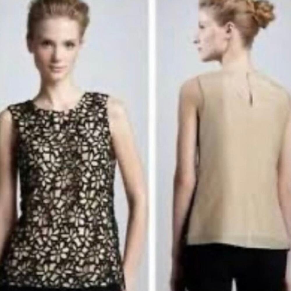 Lela Rose Neiman Marcus Target Laser Cut Out Sleeveless Top Tan Black XS